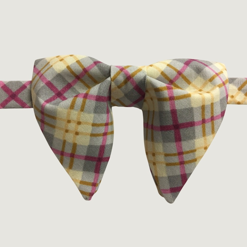 Cream Pink Grey Plaid Floppy Bow Tie Adjustable Oversized Academic Neckwear